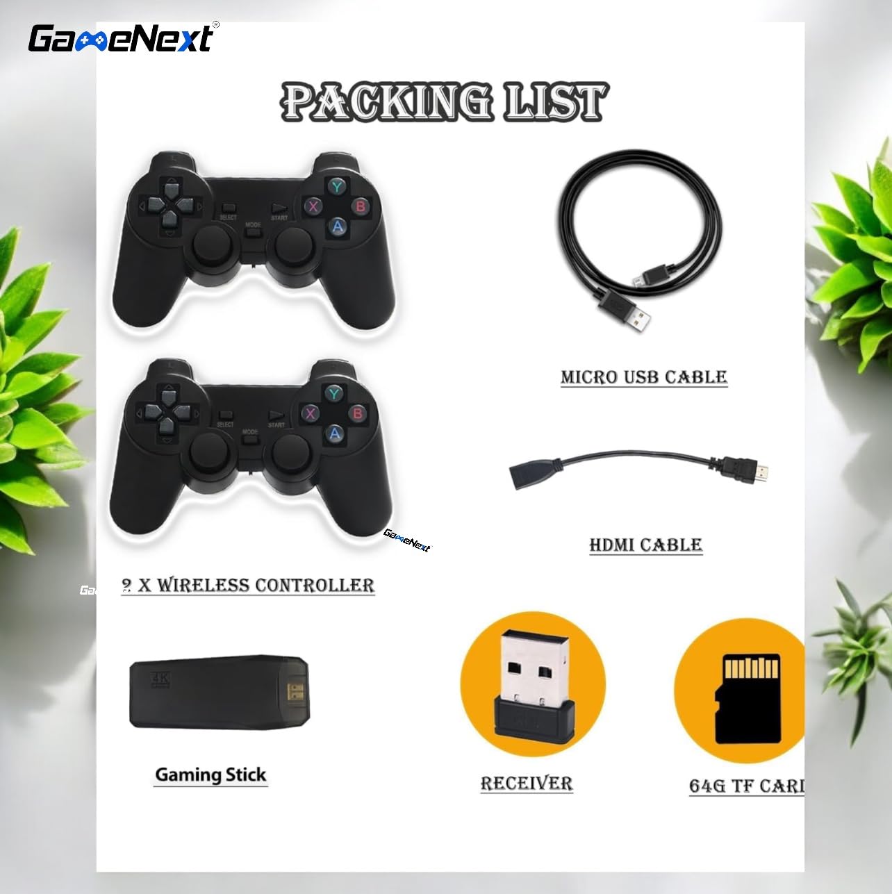 GameNext Wireless Retro Gaming Console Stick Retro Video Game Console Stick Built in 20000+ Games with 15 Emulators, 4K HDMI Output with 2 2.4G Wireless Controllers (64GB Memory Card)