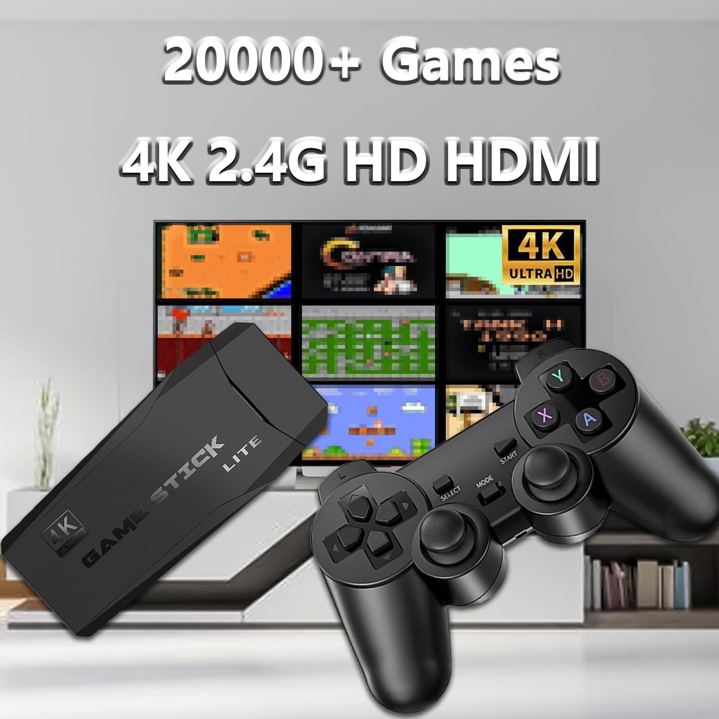 Retro Game Stick, Dual 2.4G Wireless Console, 64GB Memory 4K HDMI Output Built-in 20000+ Games with 15 Classic Emulators, Controllers Plug Play Video TV Game