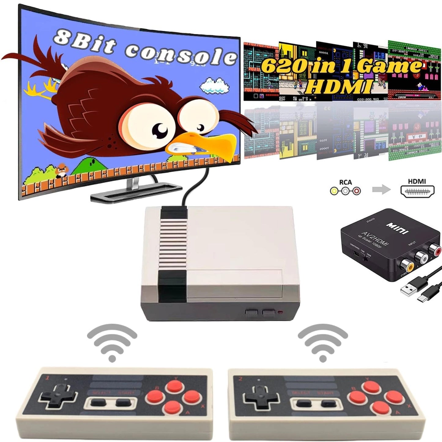 Retro Game Console with 620 Video Games,Classic Mini Game System with Wireless Controller, AV and HDMI HD Output Plug and Play,Retro Toys Gifts Choice for Children and Adults. (Grey)