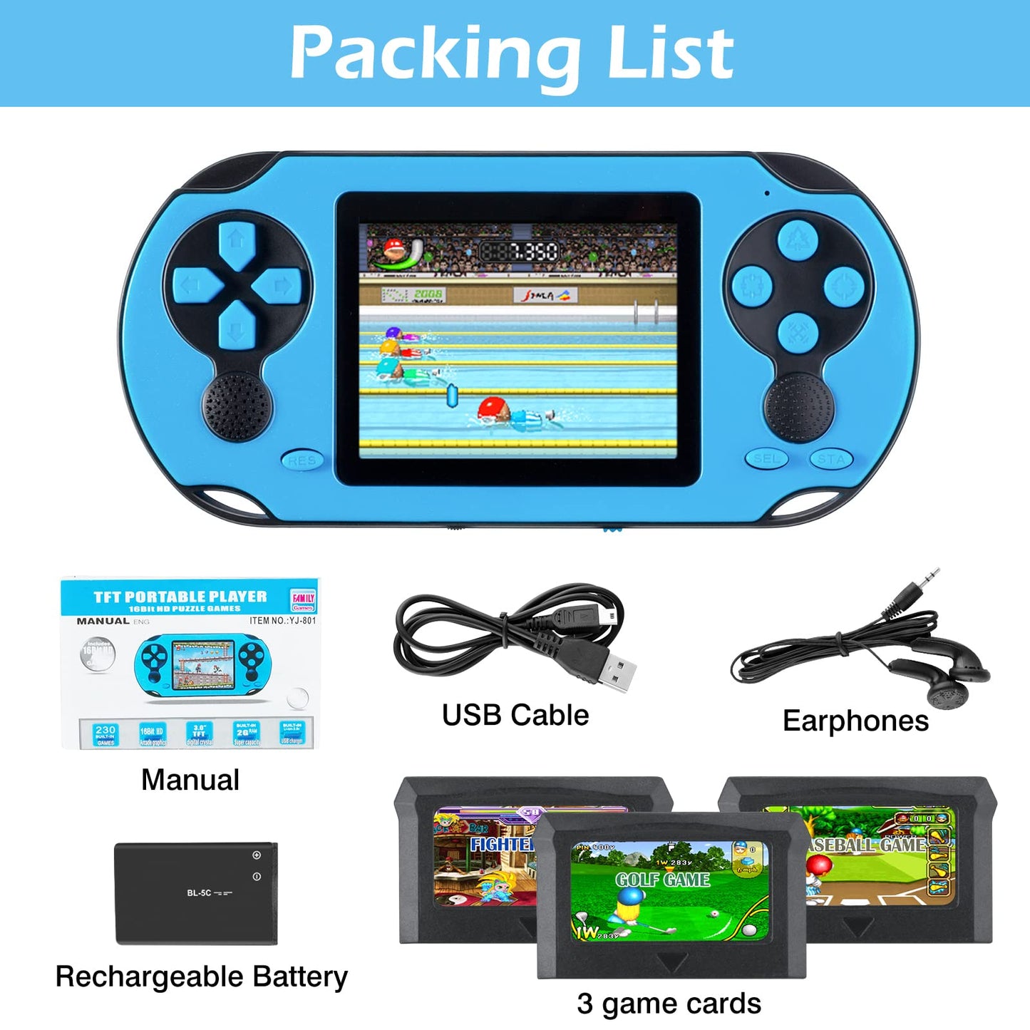 TaddToy 16 Bit Handheld Game Console for Kids Adults, 3.0'' Large Screen Preloaded 230 HD Classic Retro Video Games with USB Rechargeable Battery & 3 Game Cartridges for Birthday Gift for Kids 4-12